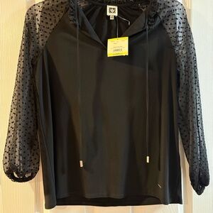 Anne Klein Black Blouse with Sheer Polka Dot Sleeves